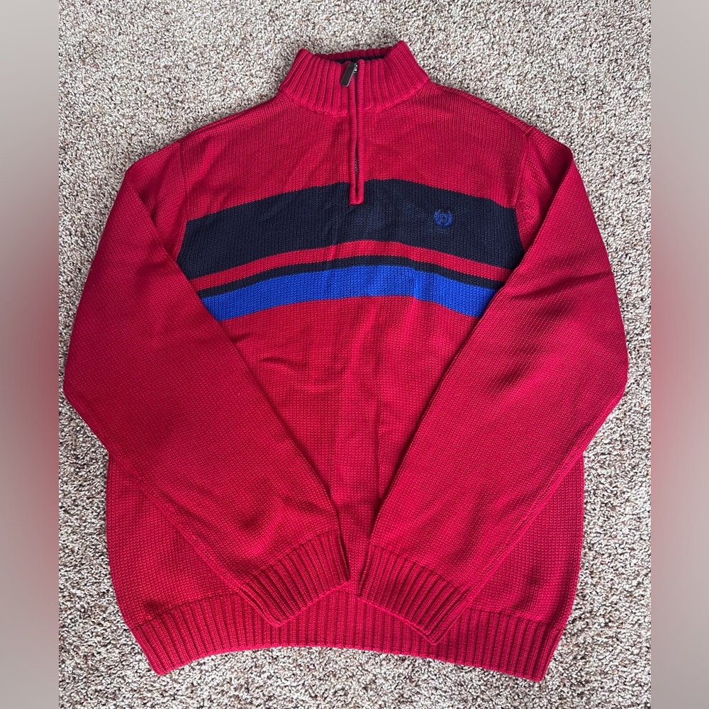 Vintage 90s Chaps Red and Blue Striped‎ Quarter Zip Sweater